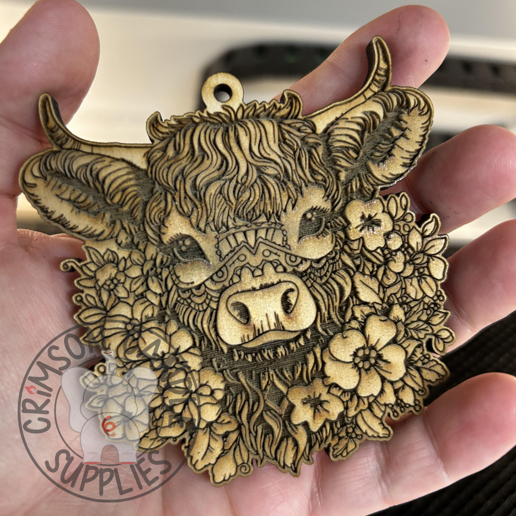 Floral Highland Cow Wooden Ornament