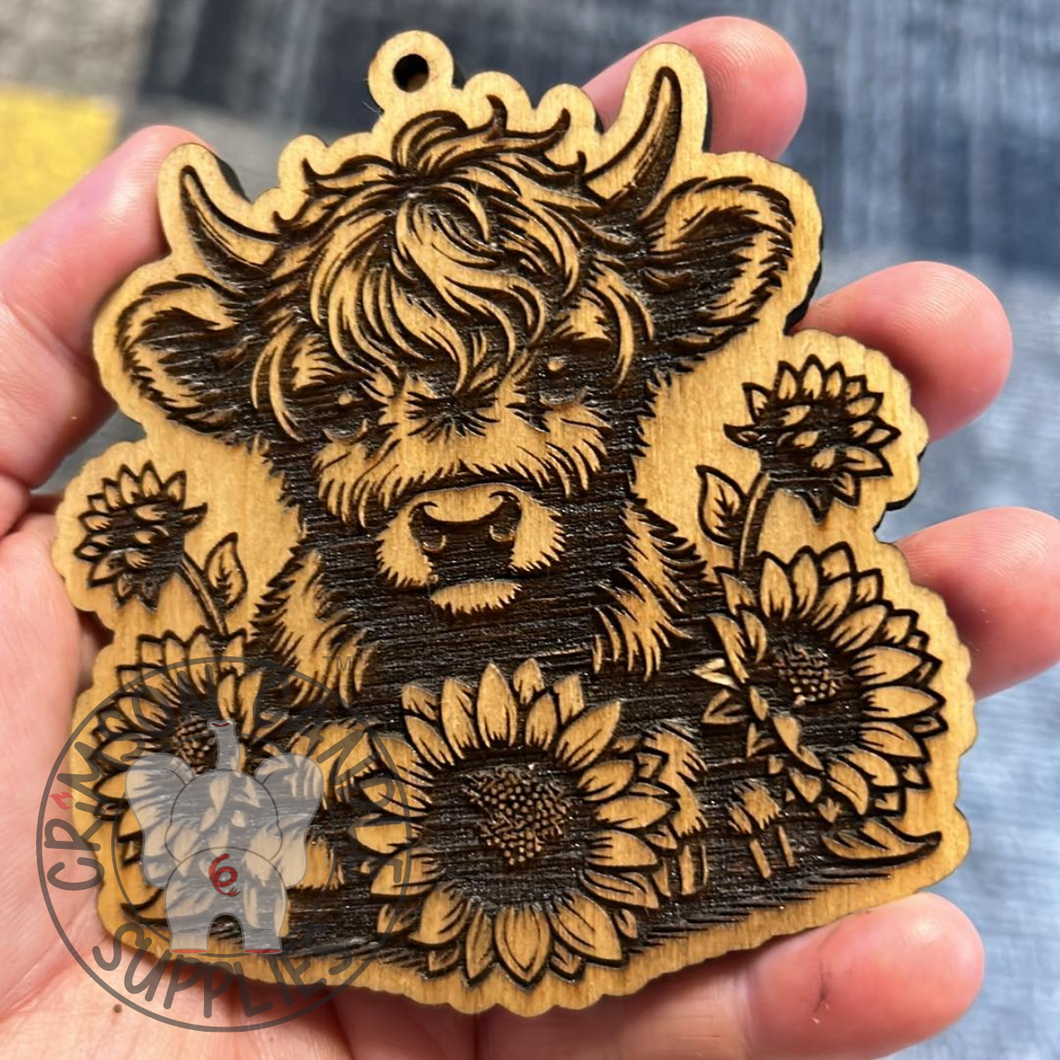Highland with Sunflowers Wooden Ornament