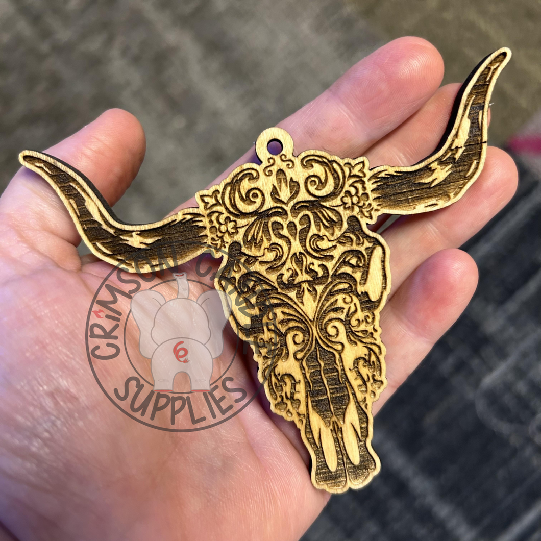 Tooled Leather Bull Skull Wooden Ornament