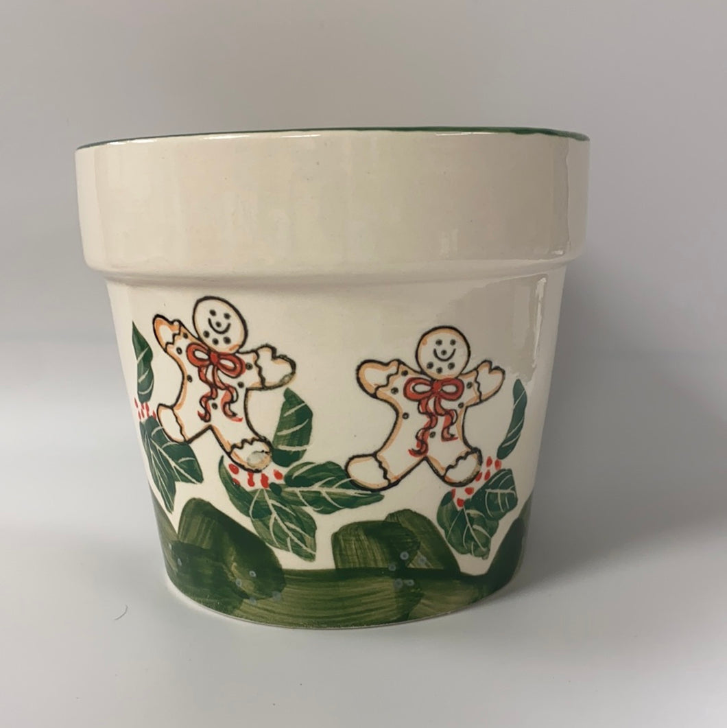 Christmas Gingerbread Man Ceramic Flower Pot Container 18 oz.