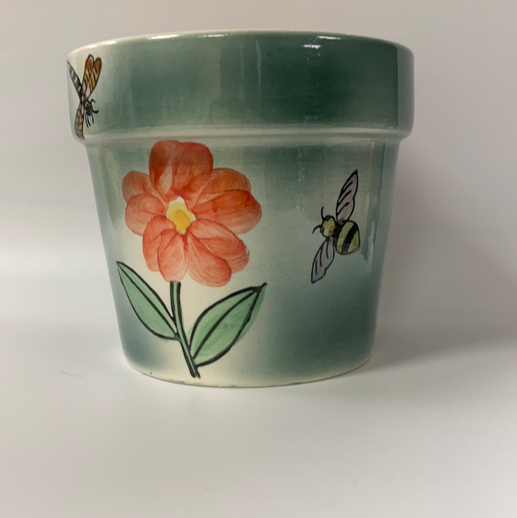 Dragonfly and Flowers Ceramic Flower Pot Container 18 oz.