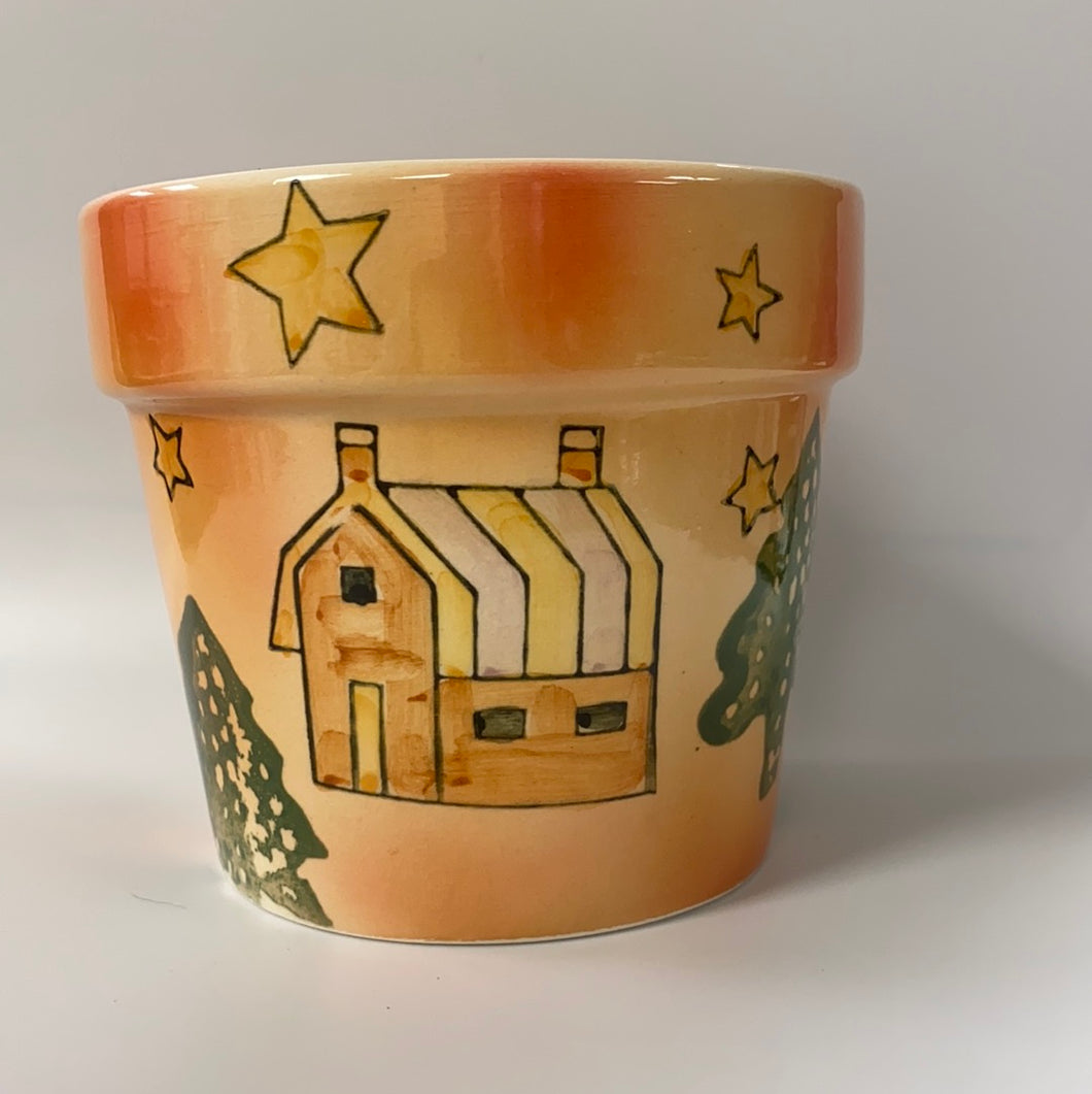 Christmas Barn Ceramic Flower Pot Container 18 oz.