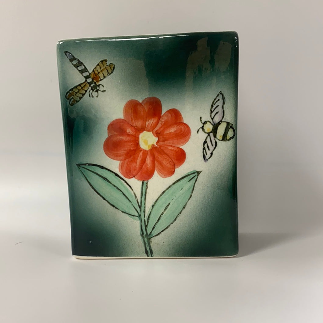 Dragonfly and Flowers Rectangle Ceramic Container 12 oz.
